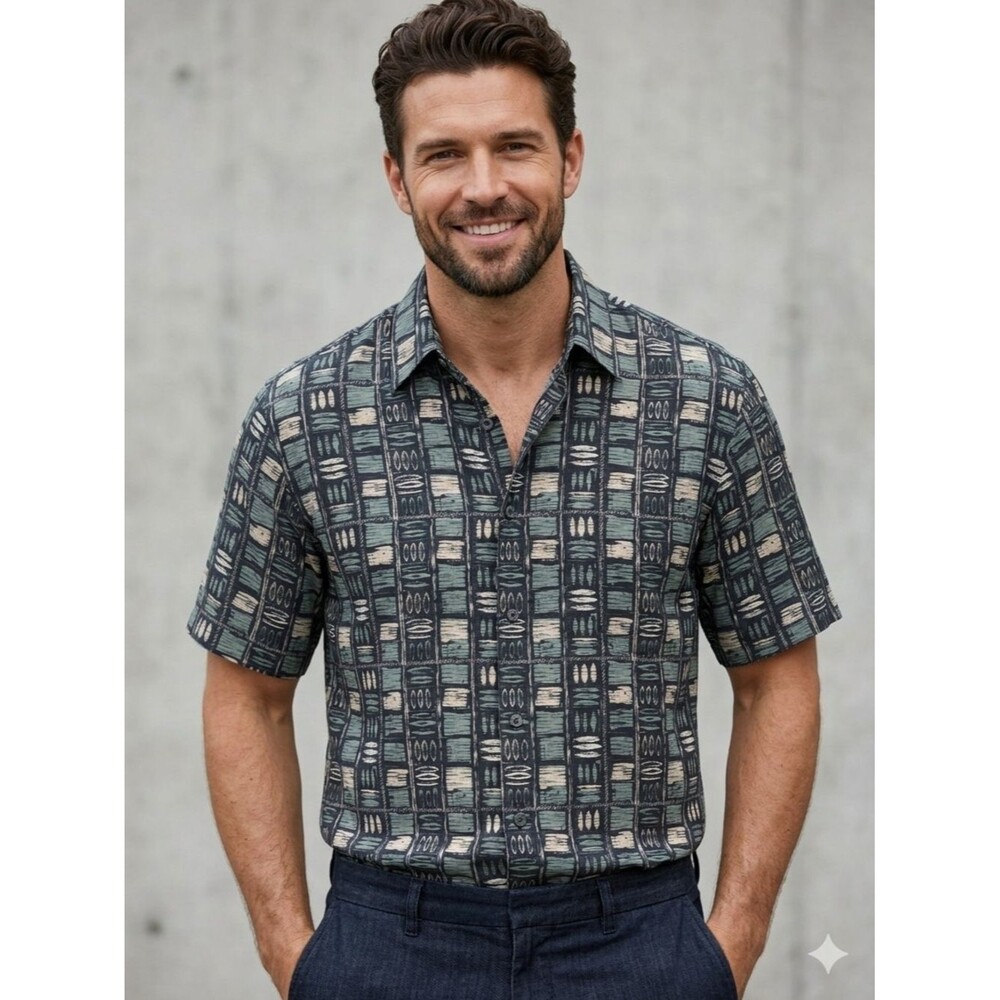 Summa Silk Blend Abstract Geometric Print Button Down Shirt - Men's Medium